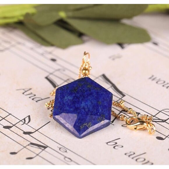 NWT Lapis Lazuli Hexagon Pendant Necklace 14K Gold Plated Genuine 18” - Picture 8 of 11